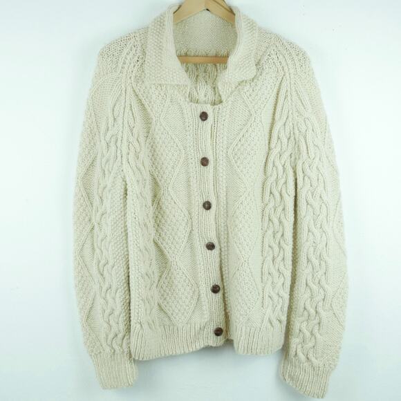 Handmade Sweaters - Vintage Women's M L Fisherman Cardigan Sweater Chunky Knit Wool Preppy Nautical